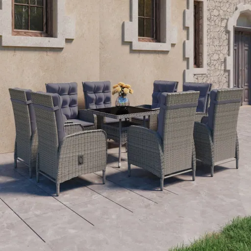 Conjunto de Jantar para Jardim Vime PE e Vidro Cinzento (9 pcs)