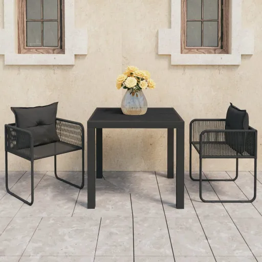 Conjunto de Jantar para Jardim Vime de PVC Preto (3 pcs)