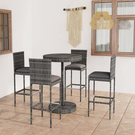 Conjunto de Bar p/ Jardim c/ Almofadões Vime PE Cinzento (5 pcs)