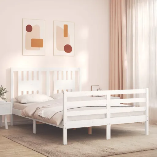 Estrutura de Cama de Casal com Cabeceira Madeira Maciça Branco