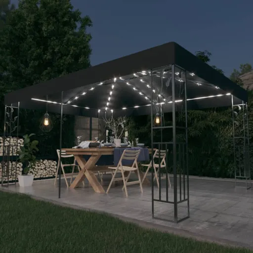 Gazebo com Toldo Duplo e Cordões de Luzes LED 3x4 m Antracite