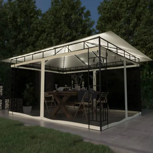 Gazebo c/ Mosquiteiro e Cordões Luzes LED 4x3x2,73m Creme