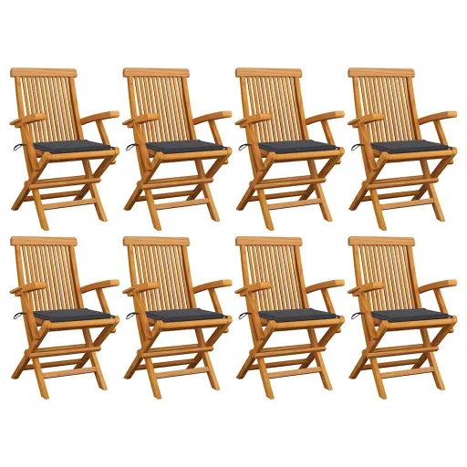 Cadeiras de Jardim c/ Almofadões Antracite   Teca Maciça (8 pcs)