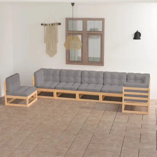 Conjunto Lounge de Jardim c/ Almofadões Pinho Maciço (7 pcs)