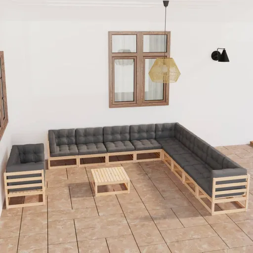 Conjunto Lounge de Jardim com Almofadões Pinho Maciço (12 pcs)