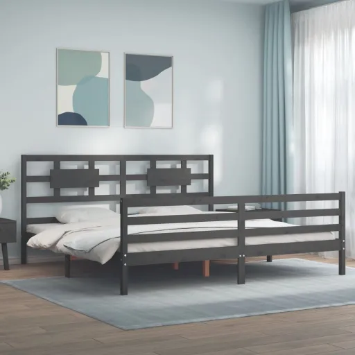 Estrutura de Cama com Cabeceira 200x200 cm Madeira Maciça Cinza