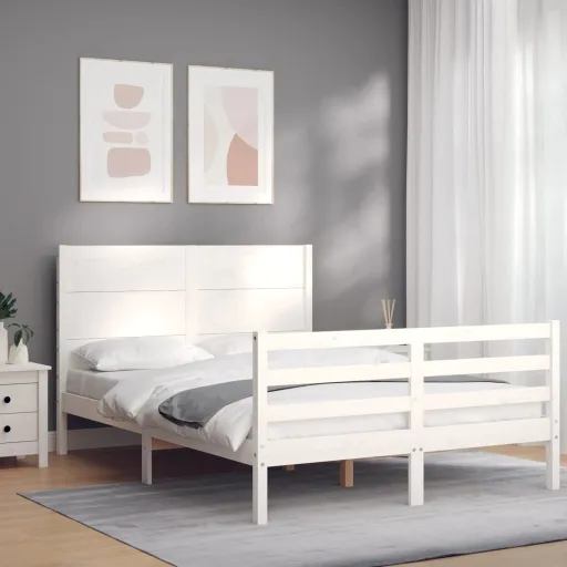 Estrutura de Cama com Cabeceira 140x190cm Madeira Maciça Branco