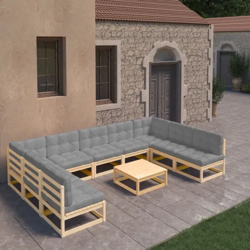 Conjunto Lounge de Jardim c/ Almofadões Pinho Maciço (10 pcs)