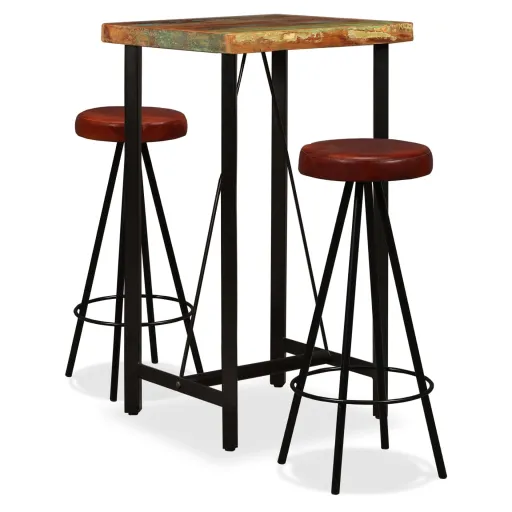 Conjunto de Bar   Madeira Recuperada Maciça e Couro Genuíno (3 pcs)