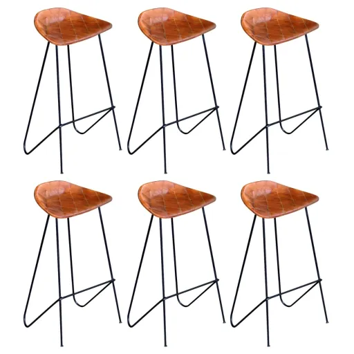 Cadeiras de Bar   Couro Genuíno Castanho (6 pcs)
