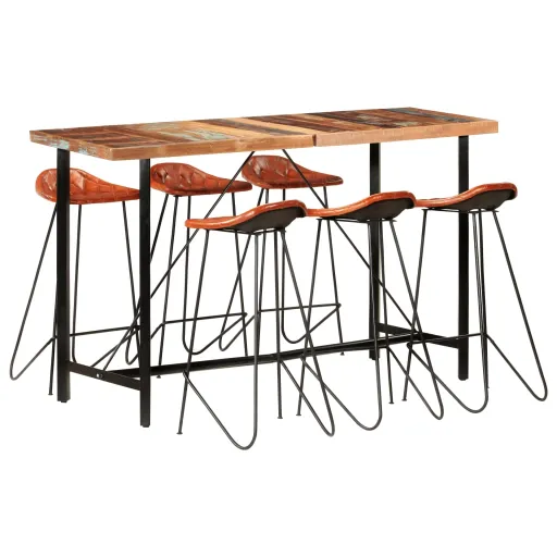 Conjunto de Bar Madeira Recuperada Maciça e Couro Genuíno (7 pcs)