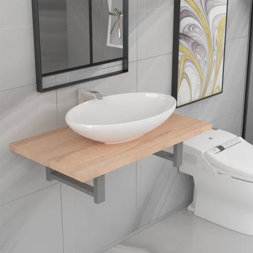 Conjunto de Móveis de Casa Banho 2 Peças Cerâmica Cor Carvalho