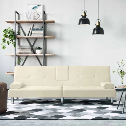 Sofá-Cama com Suporte para Copos Couro Artificial Cor Creme