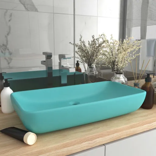 Lavatório Luxuoso Retangular 71x38 cm Cerâmica Verde-Claro Mate