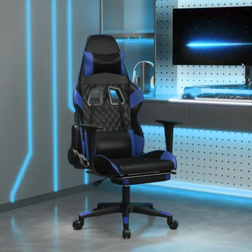 Cadeira Gaming Massagens c/ Apoio Pés Couro Artif. Preto/Azul