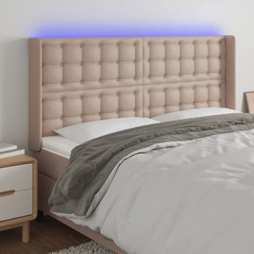 Cabeceira Cama c/ LED Couro Artif. 183x16x118/128 cm Cappuccino