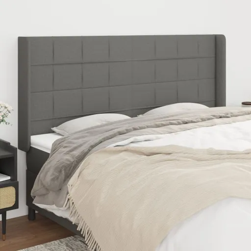 Cabeceira Cama c/ Abas Tecido 203x16x118/128 cm Cinzento-Escuro