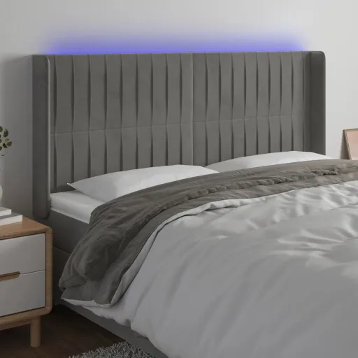 Cabeceira Cama c/ Luzes LED Veludo 163x16x118/128cm Cinza-Claro