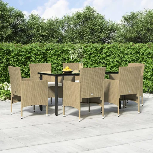 Conjunto de Jantar p/ Jardim c/ Almofadões Bege e Preto (7 pcs)