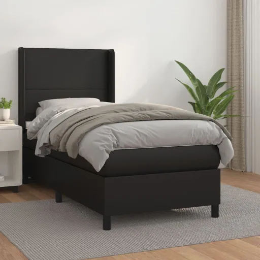 Cama com Molas/Colchão 100x200 cm Couro Artificial Preto