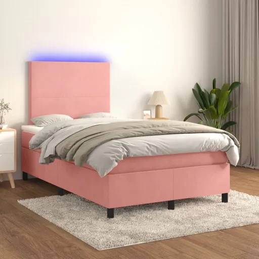 Cama Box Spring c/ Colchão/LED 120x200 cm Veludo Rosa