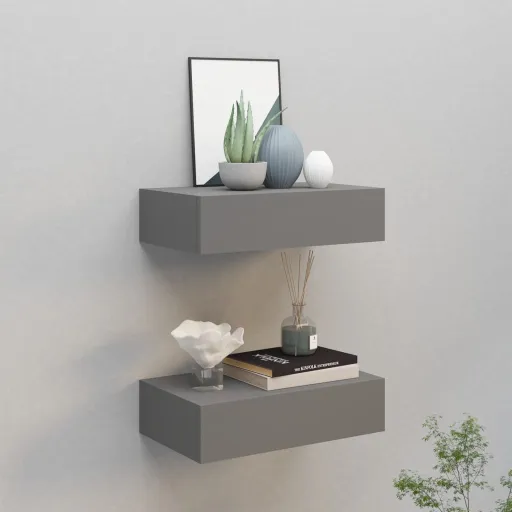 Prateleiras de Parede com Gavetas   MDF 40x23,5x10 cm Cinza (2 pcs)