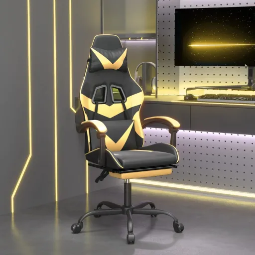 Cadeira Gaming Giratória + Apoio Couro Artificial Preto/Dourado