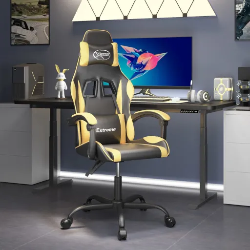 Cadeira Gaming Giratória Couro Artificial Preto e Dourado