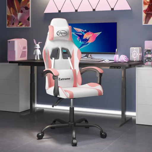 Cadeira Gaming Giratória Couro Artificial Branco e Rosa