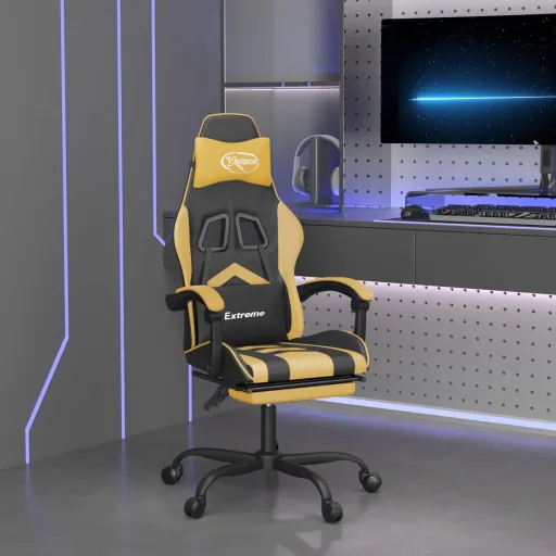 Cadeira Gaming Giratória + Apoio Couro Artificial Preto/Dourado