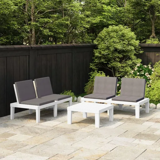 Conjunto Lounge de Jardim com Almofadões Plástico Branco (3 pcs)