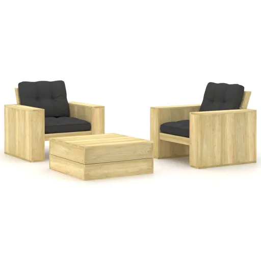 Conjunto Lounge de Jardim com Almofadões Pinho Impregnado (3 pcs)