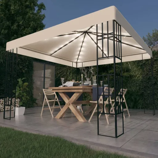 Gazebo com Cordões de Luzes LED 3x3 m Cor Creme