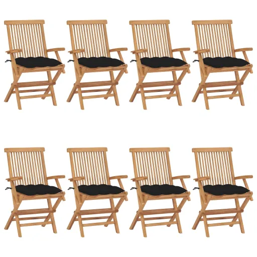 Cadeiras de Jardim c/ Almofadões Pretos   Teca Maciça (8 pcs)