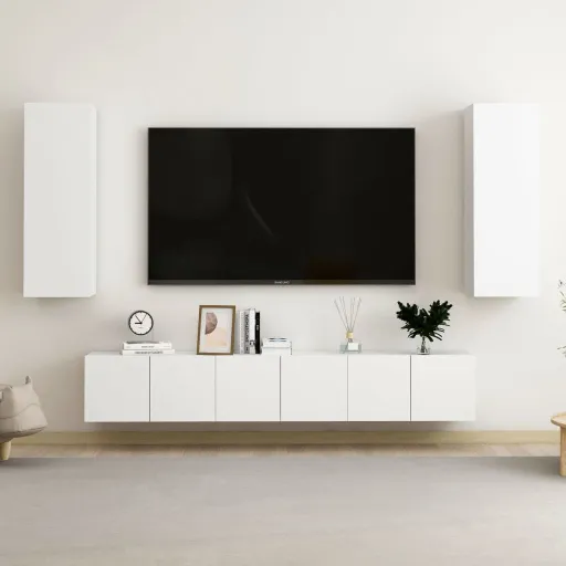 Conjunto de Móveis de TV Contraplacado Branco (5 pcs)