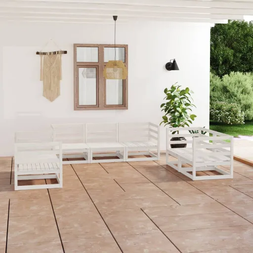 Conjunto Lounge de Jardim Pinho Maciço Branco  (7 pcs)