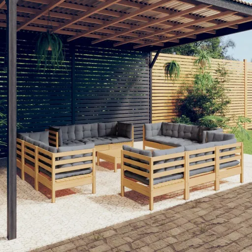 Conjunto Lounge de Jardim c/ Almofadões Cinzentos Pinho (13 pcs)