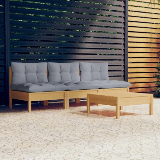 Conjunto Lounge de Jardim c/ Almofadões Cinzentos Pinho (4 pcs)