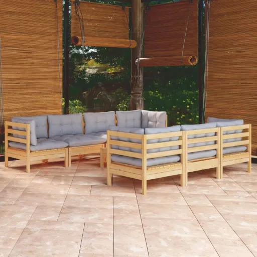 Conjunto Lounge de Jardim + Almofadões Cinza Pinho Maciço (8 pcs)