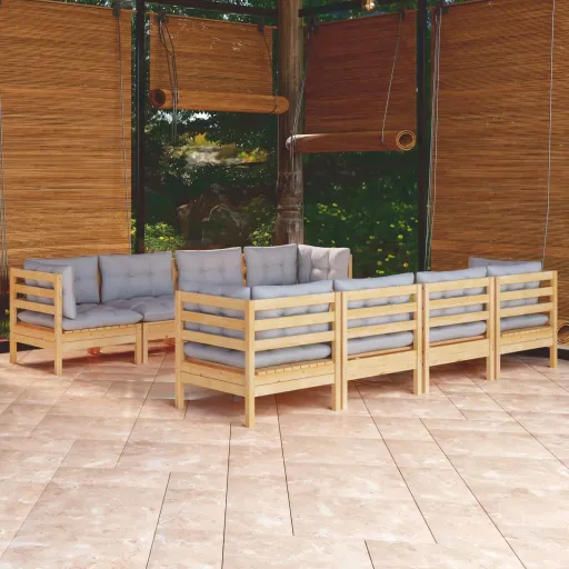 Conjunto Lounge de Jardim + Almofadões Cinza Pinho Maciço (9 pcs)