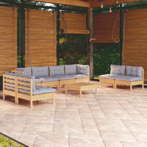 Conjunto Lounge de Jardim + Almofadões Cinza Pinho Maciço (9 pcs)