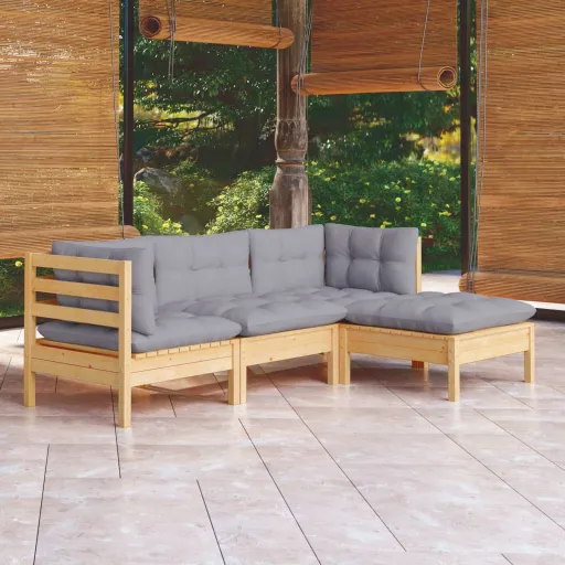 Conjunto Lounge de Jardim c/ Almofadões Cinzentos Pinho (4 pcs)