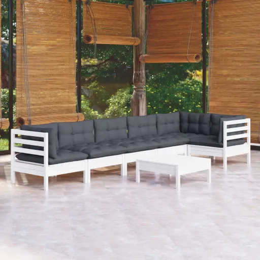 Conjunto Lounge de Jardim c/ Almofadões Pinho Branco (7 pcs)