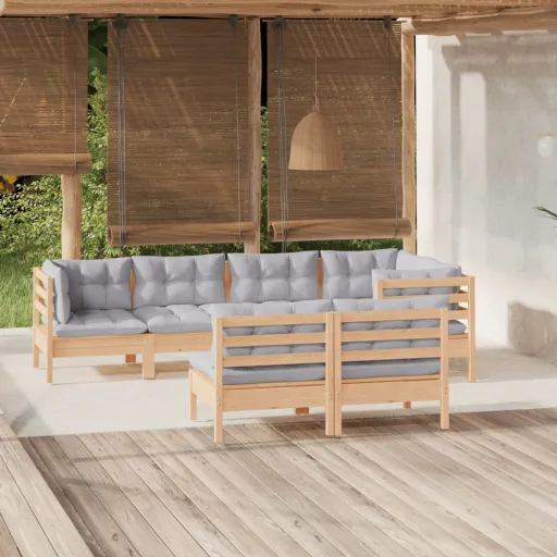 Conjunto Lounge de Jardim + Almofadões Cinza Pinho Maciço (7 pcs)