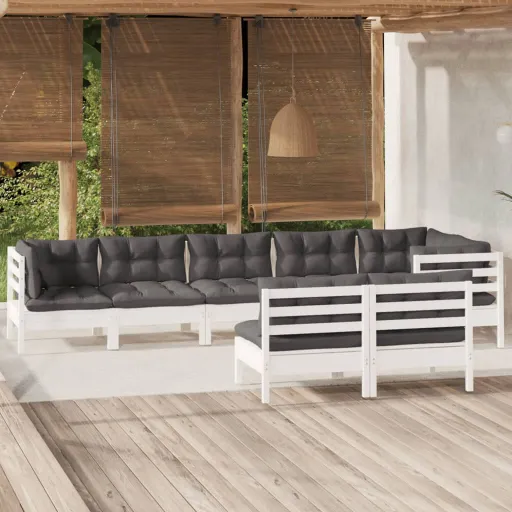 Conj. Lounge de Jardim c/ Almofadões Pinho Maciço Branco (8 pcs)