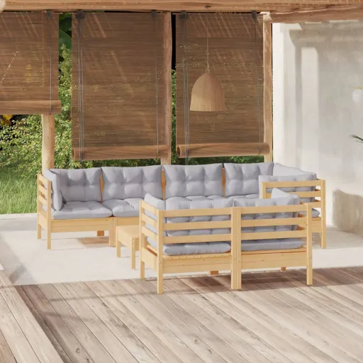 Conjunto Lounge de Jardim + Almofadões Cinza Pinho Maciço (8 pcs)