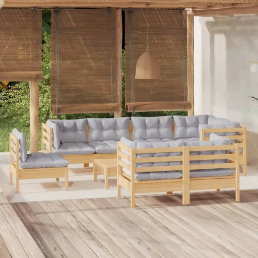 Conjunto Lounge de Jardim + Almofadões Cinza Pinho Maciço (9 pcs)