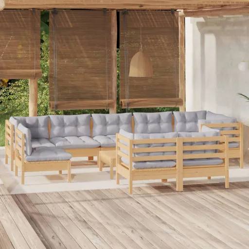 Conjunto Lounge de Jardim + Almofadões Cinza Pinho Maciço (10 pcs)