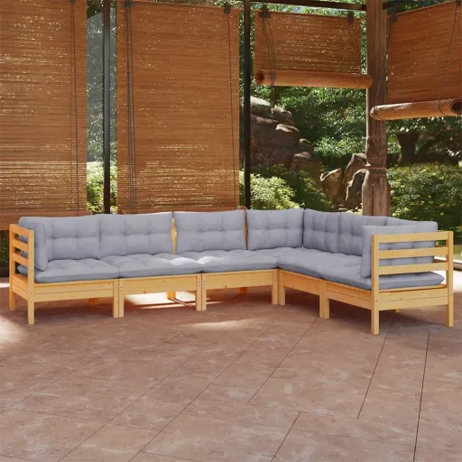 Conjunto Lounge de Jardim + Almofadões Cinza Pinho Maciço (6 pcs)