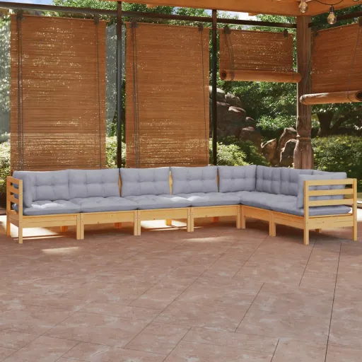 Conjunto Lounge de Jardim + Almofadões Cinza Pinho Maciço (7 pcs)